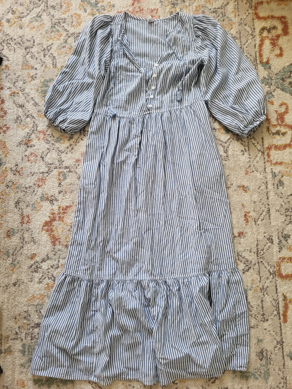 Girls Blue and White Striped Puff-Sleeve Midi Dress